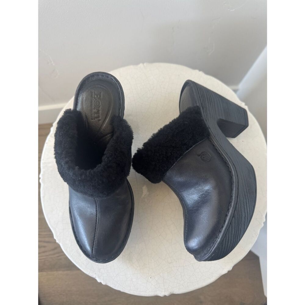 Born Women’s Black Leather Shearling-Trim Platform Mules Slip On Shoes Size 6